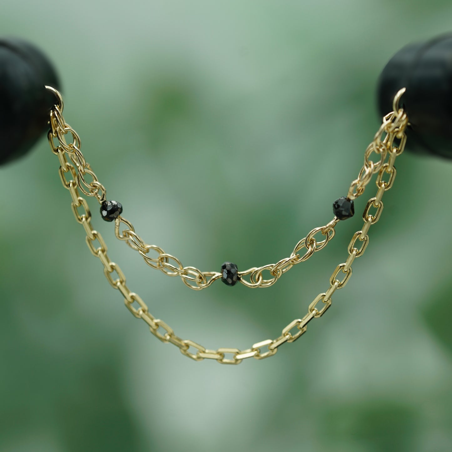 Rope 1.25mm and Diamond Cut Cable Chain 1.3mm with Black Diamond Beads - 14k Yellow Gold - Double Draping Chain